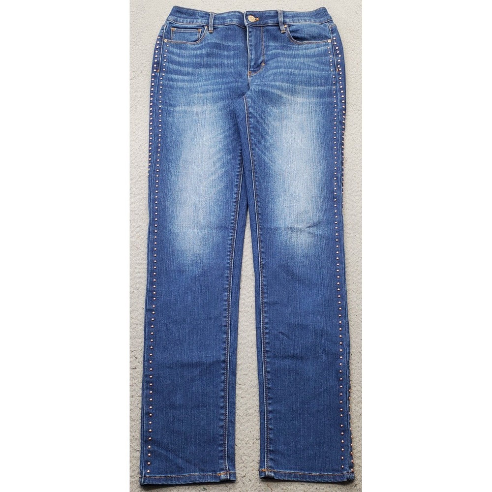 White House Black Market Jeans Womens 4L Blue Denim Faded Slim Ankle Studded